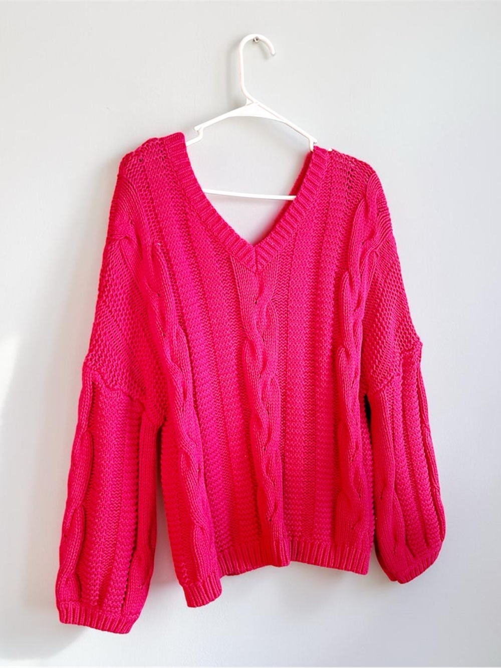 Cozy Bright Pink Chunky Cable Knit V-Neck Fisherman Sweater